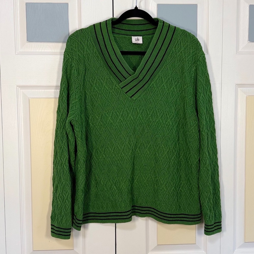 Cabi 4467 Varsity Pullover Green Diamond Knit V-Neck Striped Trim Sweater XL